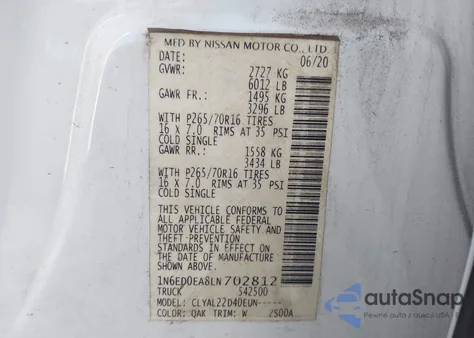 2020 Nissan Frontier Sv 4X2 z USA, uszkodzony, nr VIN 1N6ED0EA8LN702812